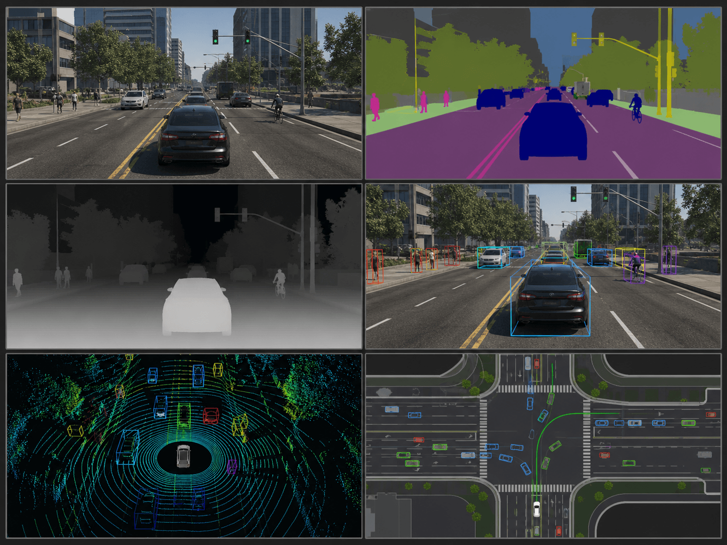 SimForge synchronized RGB, depth, segmentation, detection, LiDAR, and top-down sensor outputs