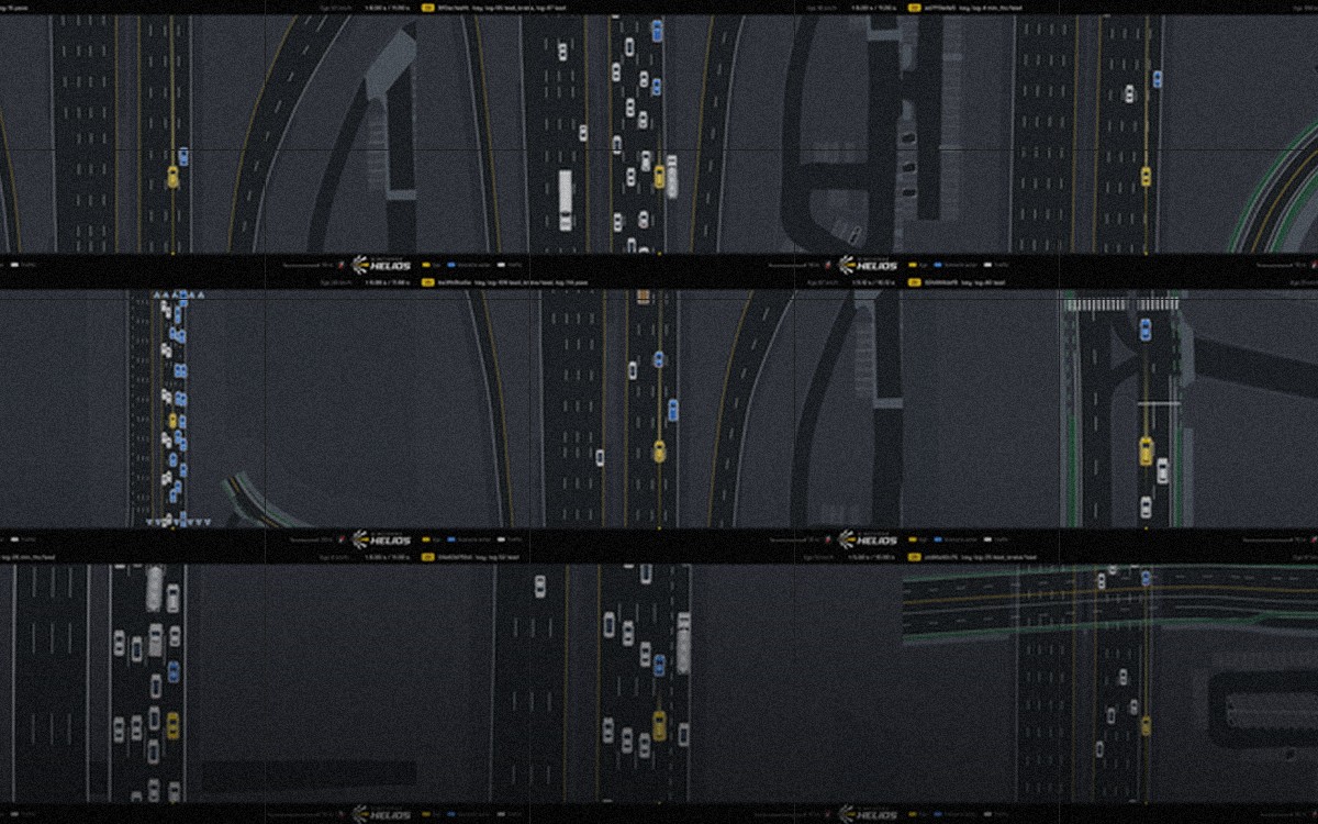 Wall of top-down scenario tiles rendered in Helios